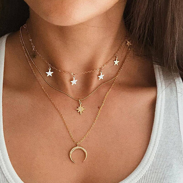 New Multilayer Crystal Moon Necklaces