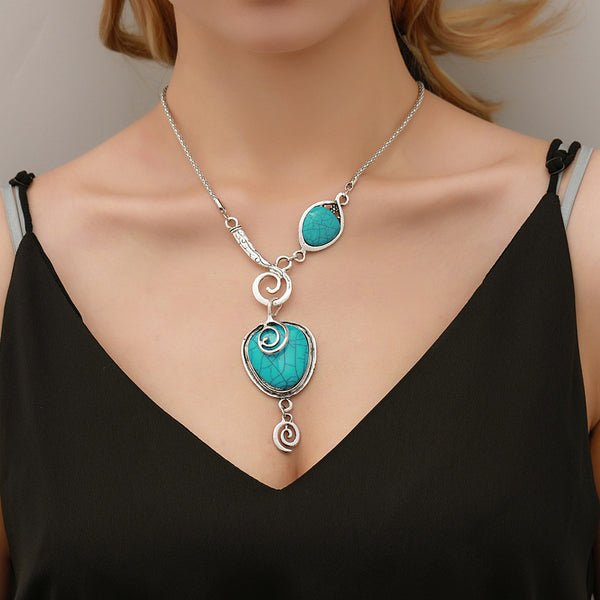 bohemian handmade jewelry blue flower large bead Stone necklace
