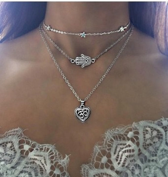 Necklace five stars peach heart palm multilayer